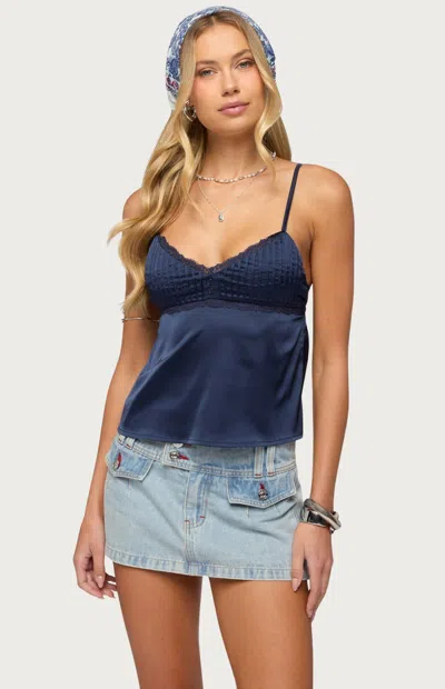 Edikted Blanca Lace Trim Satin Camisole In Blue