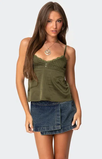 Edikted Blanca Lace Trim Satin Camisole In Green