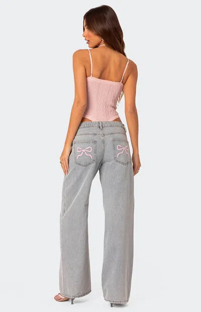 Edikted Women's Bow Pocket Relaxed Jeans In Light Blue In Pink