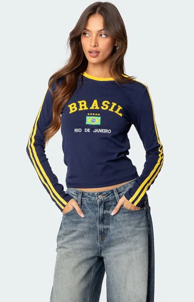 Edikted Brasil Embroidered Long Sleeve T Shirt In Navy