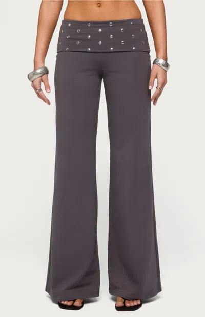 Edikted Breanna Studded Foldover Wide Leg Pants In Gray