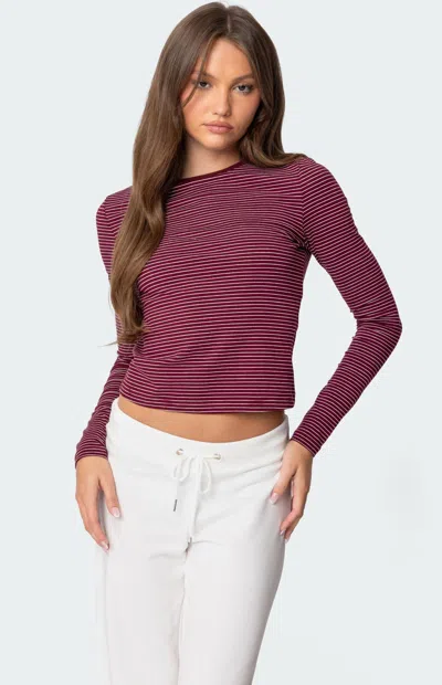 Edikted Brianna Stripe Stretch Cotton T-shirt In Burgundy