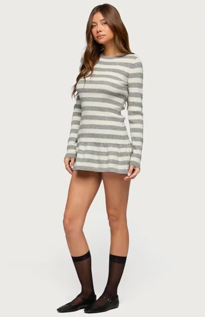 Edikted Caisyn Stripe Rib Long Sleeve Minidress In Gray