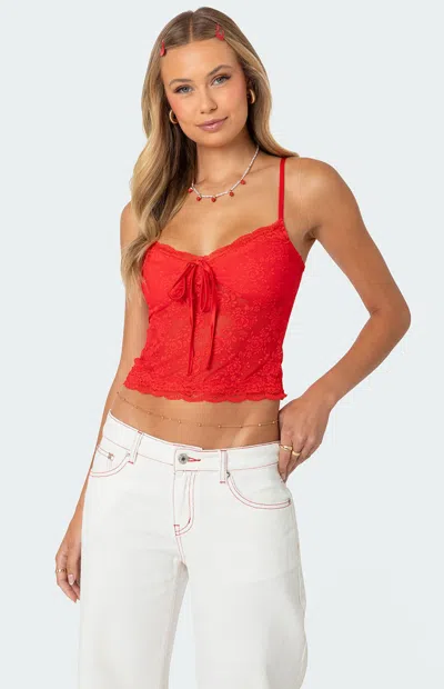 EDIKTED WOMEN'S CAMI SHEER LACE TANK TOP IN RED