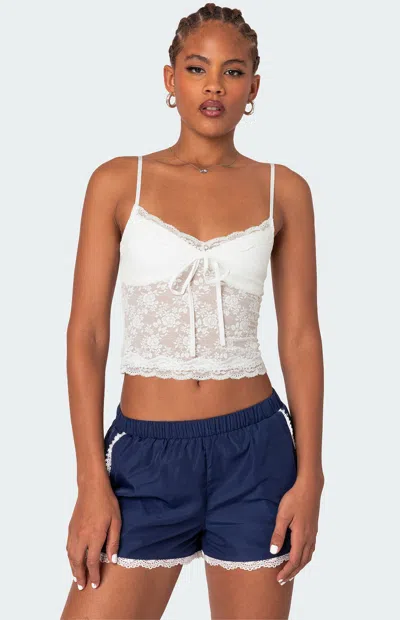EDIKTED WOMEN'S CAMI SHEER LACE TANK TOP IN WHITE