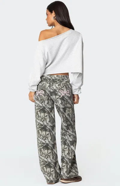 Edikted Camo Print Bow Pocket Low Rise Wide Leg Jeans In Olive