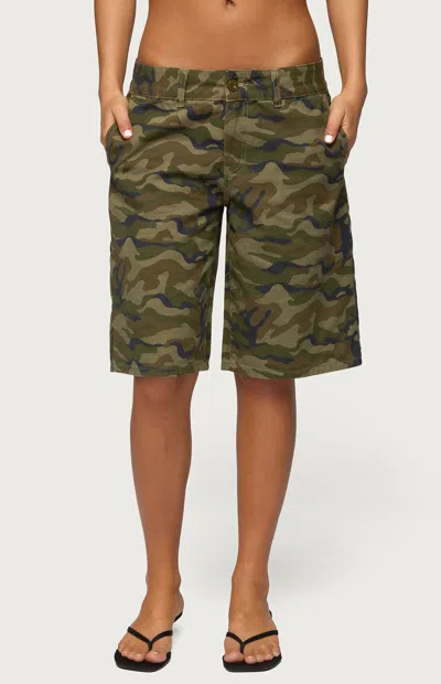 Edikted Camo Print Denim Bermuda Shorts In Green