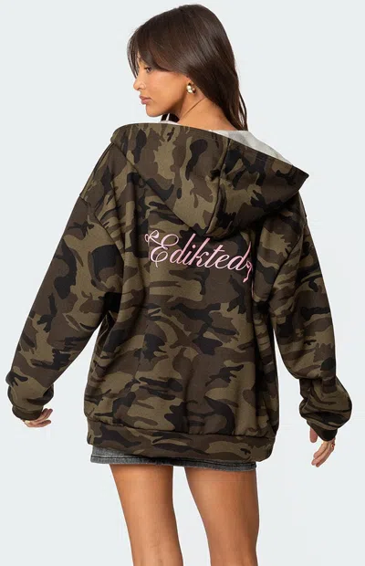Edikted Camo Bow Detail Oversize Zip Hoodie In Olive