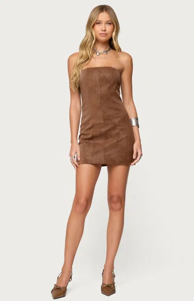Edikted Carina Strapless Faux Suede Mini Dress In Brown