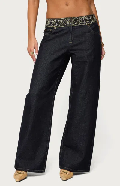 Edikted Women's Carlie Embroidered Low Rise Wide Leg Jeans In Dark Blue