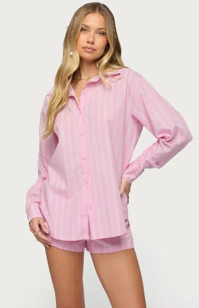 Edikted Carmella Stripe Oversize Button-up Shirt In Pink