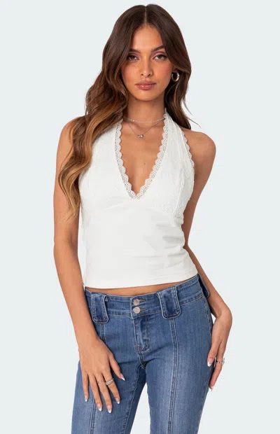 Edikted Carolyn Lacy Stretch Cotton Halter Top In White