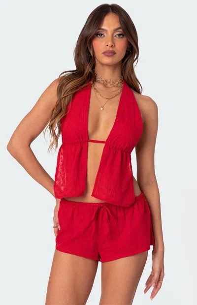 EDIKTED WOMEN'S CAYENNE EYELET SPLIT FRONT TOP IN RED