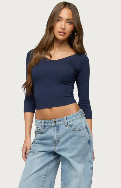 Edikted Cecilie V Neck Quarter Sleeve Crop T-shirt In Blue