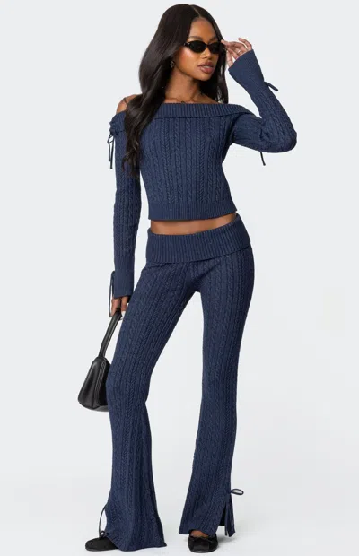 Edikted Women's Chase Fold Over Cable Knit Pants In Navy In Blue
