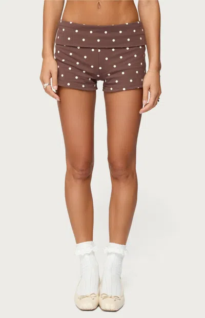 Edikted Chelsie Polka Dot Foldover Shorts In Brown