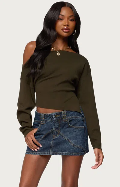 Edikted Chenelle Asymmetric Off The Shoulder Sweater In Green