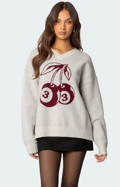 Edikted Cherry Three Oversized V-neck Sweater In Gray-melange