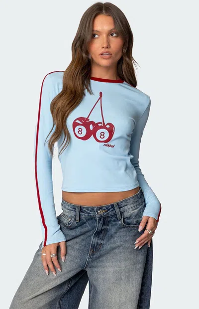 Edikted Cherry 8 Long Sleeve Stretch Cotton T-shirt In Light-blue