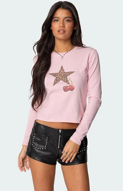 Edikted Cherry Leopard Star Long Sleeve T Shirt In Pink