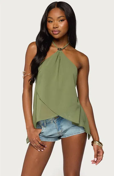 Edikted Women's Chiffon Split Back Halter Top In Olive