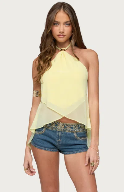 EDIKTED WOMEN'S CHIFFON SPLIT BACK HALTER TOP IN YELLOW