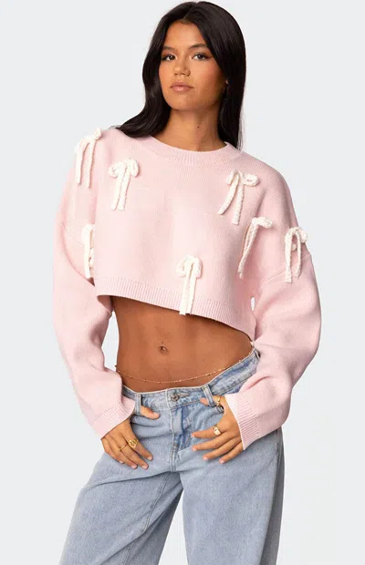 Edikted Chunky Bow Cropped Sweater In Pink