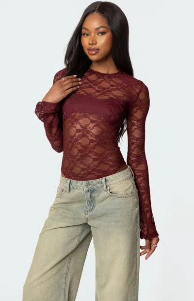 Edikted Colette Sheer Lace Bodysuit In Burgundy