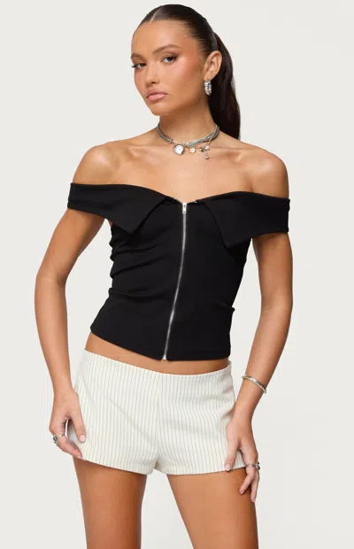 Edikted Foldover Off The Shoulder Zip-up Top In Black