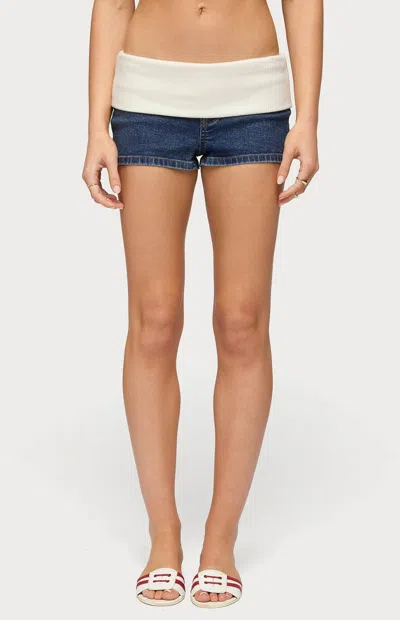 Edikted Foldover Knit Waist Denim Micro Shorts In Blue