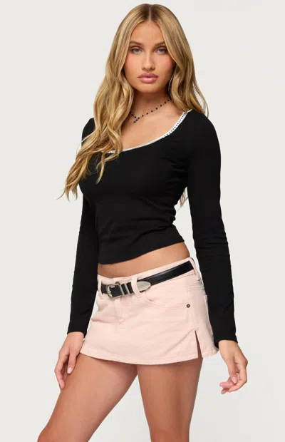 Edikted Contrast Lace Trim Long Sleeve Top In Black