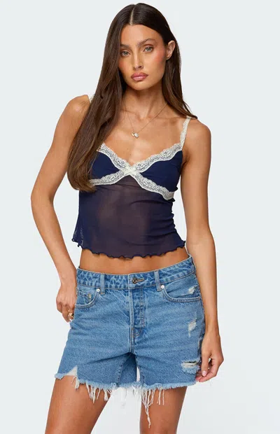 Edikted Lacey Contrast Mesh Tank In Blue