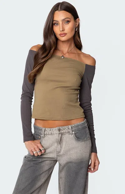 Edikted Contrast Off The Shoulder Top In Olive