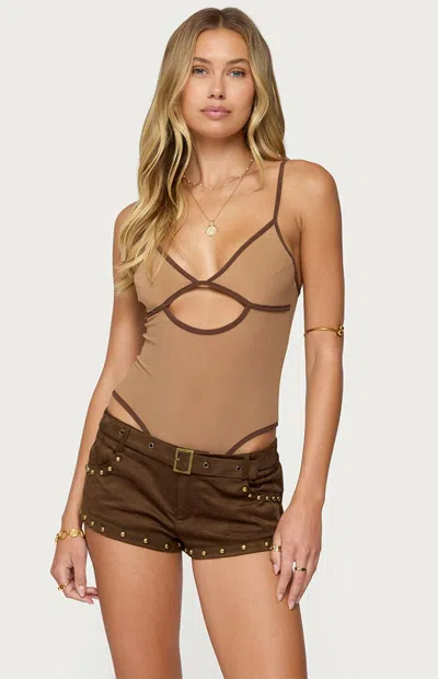Edikted Contrast Sheer Mesh Cut Out Bodysuit In Brown