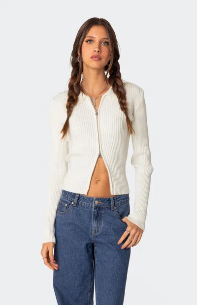 Edikted Cora Rib Zip Front Cardigan In Cream
