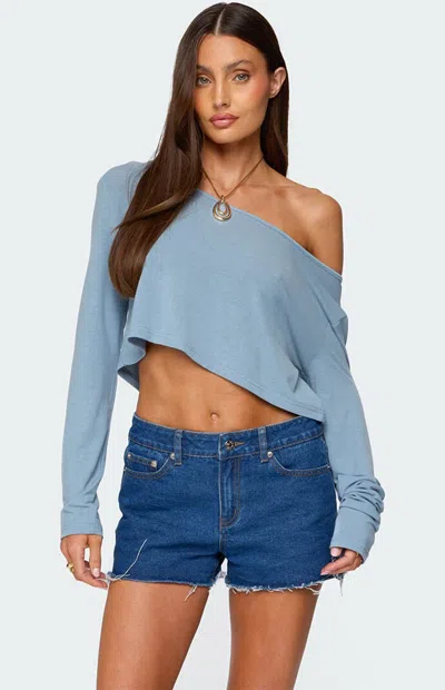 Edikted One-shoulder Long Sleeve Crop Top In Blue