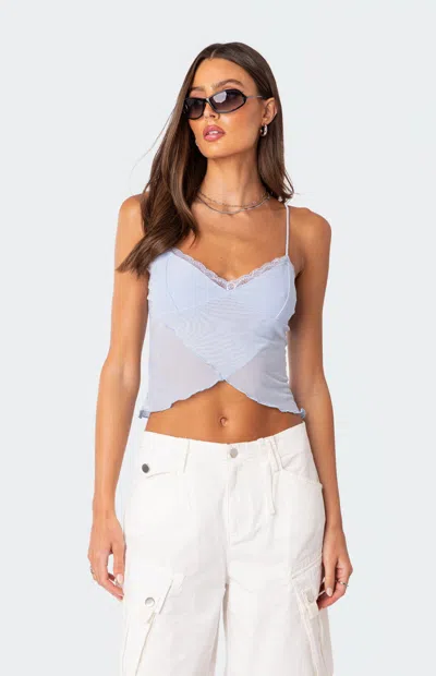 EDIKTED WOMEN'S CROSSOVER MESH TANK TOP IN LIGHT BLUE