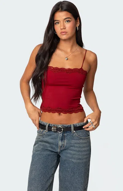 Edikted Cruella Lace Trim Crop Camisole In Burgundy