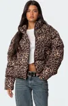 Edikted Dalya Leopard Printed Puffer Jacket In Brown