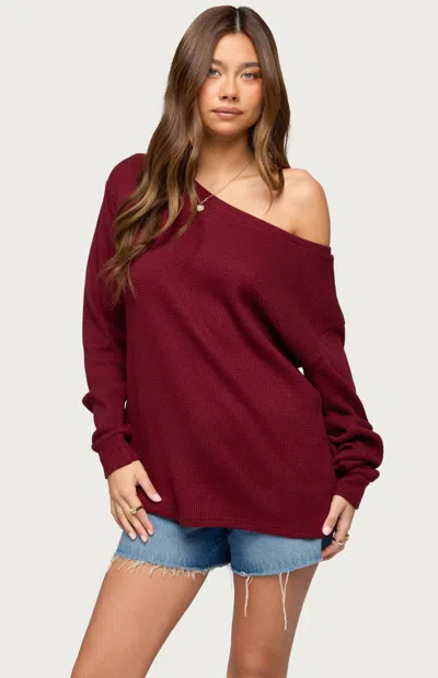 Edikted Damari Waffle Stitch One-shoulder Knit Top In Burgundy