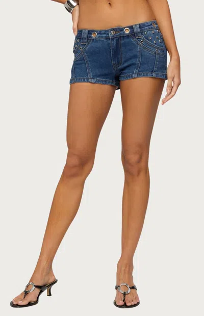 Edikted Danikah Stud Grommet Denim Shorts In Blue