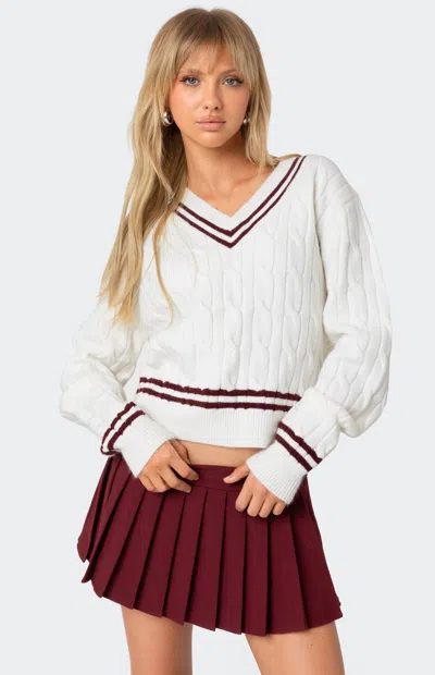Edikted Dean V Neck Cable Knit Sweater In Cream