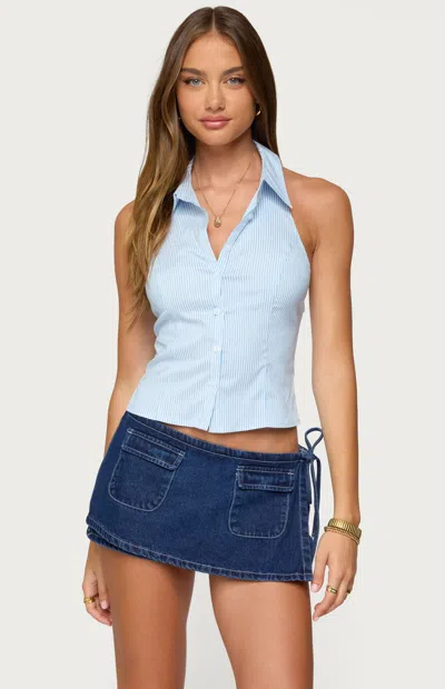 Edikted Debra Tailored Pinstripe Button Up Top In Blue