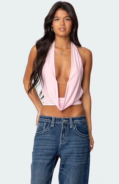 Edikted Women's Deep Cowl Neck Open Back Top In Light Pink
