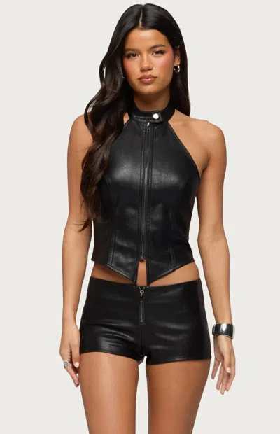 Edikted Diana Zip Faux Leather Halter Top In Black