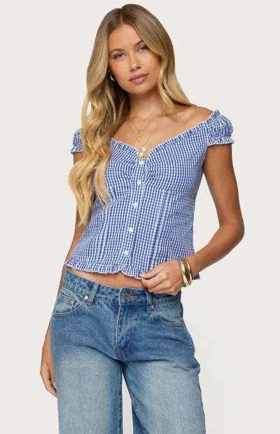 Edikted Dorothie Gingham Ruffle Crop Cotton Button-up Shirt In Blue