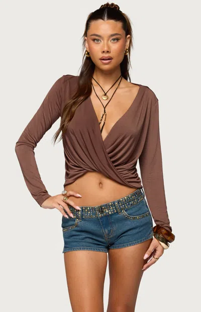 Edikted Twisted V Neck Long Sleeve Top In Brown, Women's At Urban Outfitters