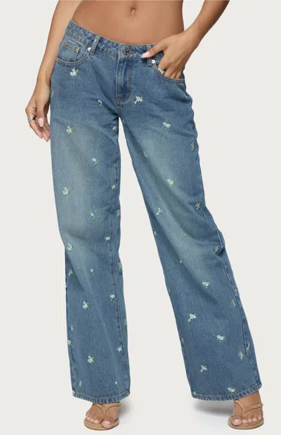 Edikted Edna Floral Embroidered Low Rise Medium Rinse Wash Jeans In Blue