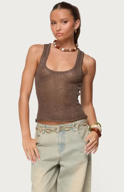 Edikted Eleora Sequin Knit Tank Top In Brown