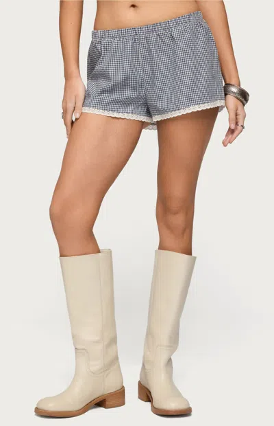 Edikted Ellie Gingham Lace Trim Shorts In Gray